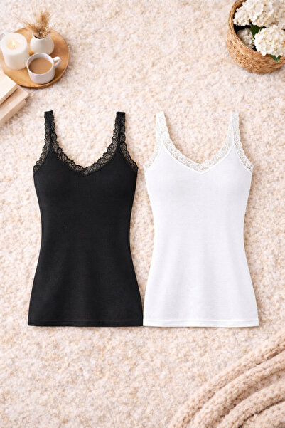 ROZELT Women's Modal Cotton Black & White Stretch Fabric Lace Strap 2-Piece U...