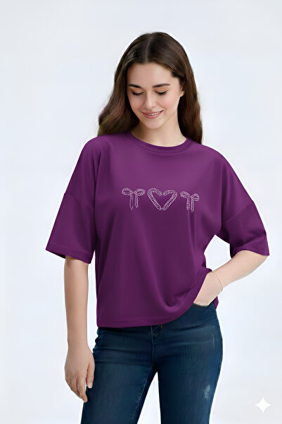 Clyfora Stone Detailed Short Sleeve Velvet T-Shirt