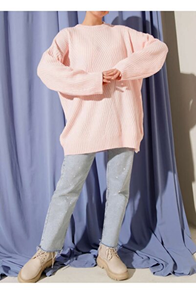 Vaniza Embossed Asymmetrical Striped Knitwear Tunic Sweater