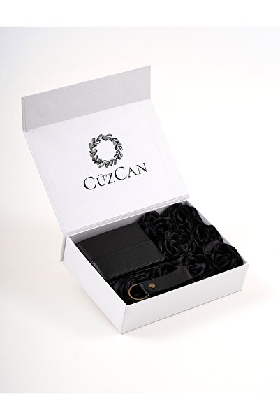 CüzCan Premium Gift Rose Box - Frankfurt Black Genuine Leather Wallet - Keych...