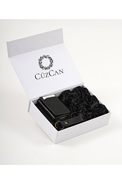 CüzCan Premium Gift Rose Box - Black Genuine Leather Mechanical Wallet Keycha...