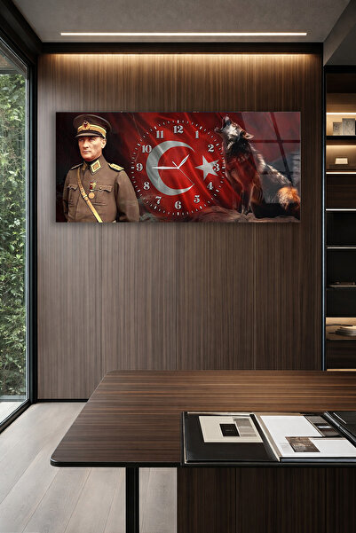 Olinpa KIRILMAZ CAM DUVAR SAATİ , HEM TABLO HEM SAAT ATATÜRK VE BOZKURT TEMAL...