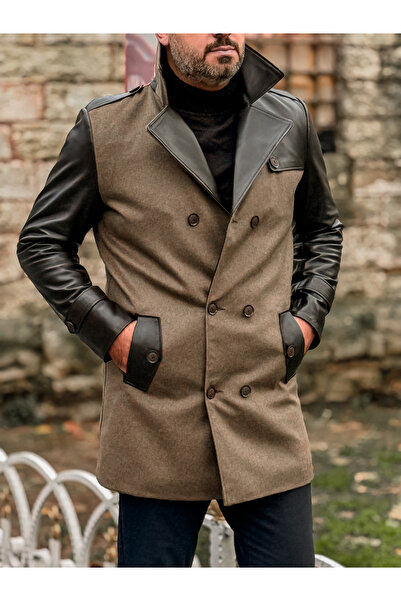 ErhanKorkmazShoes DERİ DETAYLI KAŞE UZUN TRENÇKOT