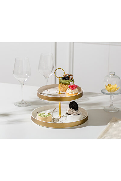 Malooki Suport Prăjituri Etajat din Porțelan, 2 Niveluri, 25 cm - Marble coll...