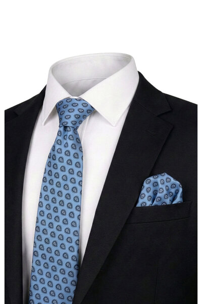 Bursa İpek Blue Patterned Silk Tie Set