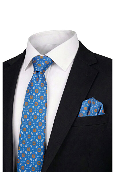 Bursa İpek Blue Patterned Silk Tie Set