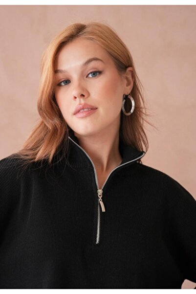 fuşyha butik Fermuarlı Yaka Tüylenmez Triko Kazak