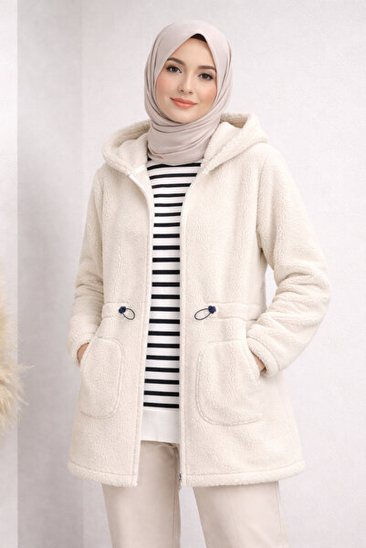 Kirazgym Plush Hooded Plush Cardigan with Elastic Waist and Zipper - Ecru