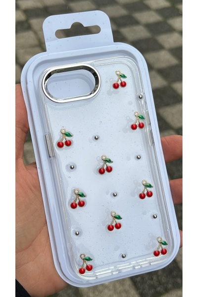 EDELFU iPhone 16E - Glittery Red Cherry Pattern Transparent Flashy Silicone P...