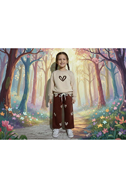 WİKİBOOM Heart Patterned Wide-Lettered 2-Ply Seasonal Bottom-Up Girls' Set