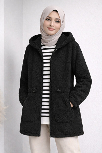 Kirazgym Plush Hooded Plush Cardigan with Elastic Waist and Zipper - Black