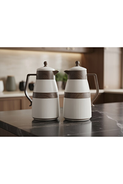 ZALA Premium White and Wooden Texture Twin Thermos Flask Set 2×1 Liter – Mode...