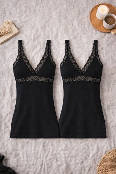 ROZELT Tricou negru din bumbac modal, cu dantelă din lycra și bretele, pentru...