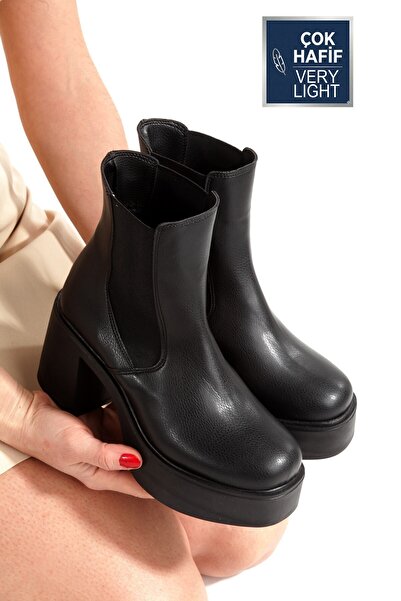 Modabuymus Black High Platform Heeled Boots Non-Zippered Elastic Boots Lancez