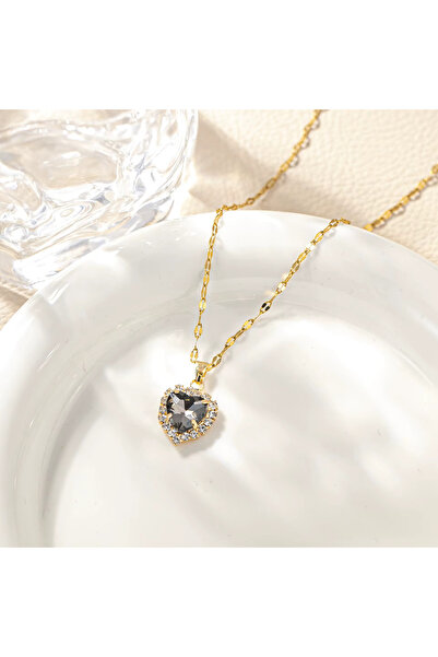 Kracer 18K Gold Plated Heart Necklace, with Gray Zirconia Stones, Stainless S...