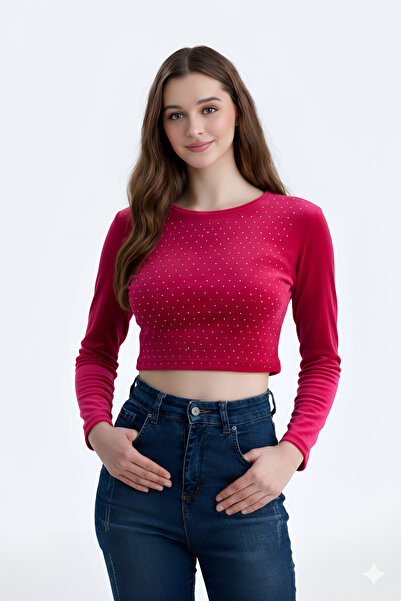 Clyfora Stone Detailed Long Sleeve Velvet Crop Blouse