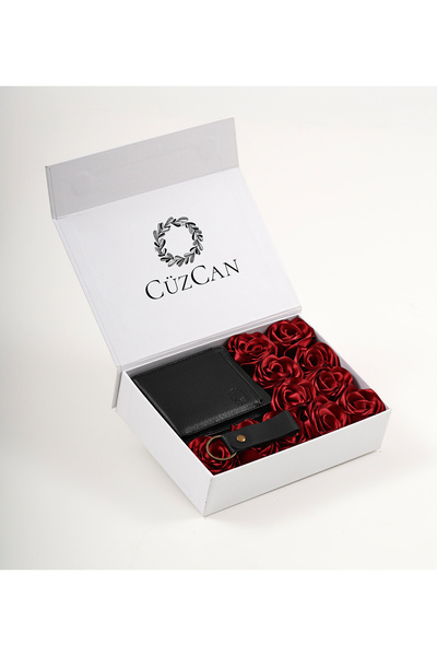 CüzCan Premium Gift Rose Box - M.Utd Black Genuine Leather Wallet - Card Hold...
