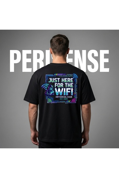 PERISENSE Unisex Just Here for the Wifi Printed Premium Combed Cotton Oversiz...