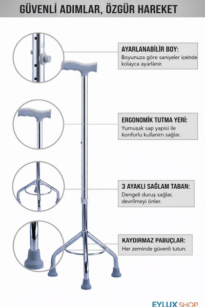 EyluX Shop Tripot 3 Ayaklı Denge Bastonu Yüksek Kalite Ayarlanabilir Tüm Zemi...