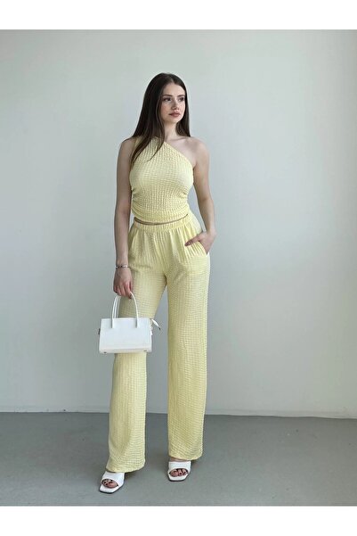 Yasmy Collection Women's Yellow Elastic Waist Seersucker Fabric Trousers Hzl2...