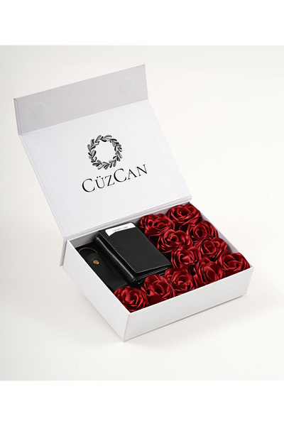 CüzCan Premium Gift Rose Box - Black Genuine Leather Mechanism Wallet Keychai...