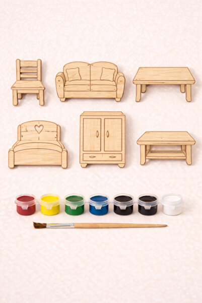 CARON CHOCOLATE Ahşap Boyama Oyunu Ev Eşyaları Figürü Seti | Kendin Boya | Ok...