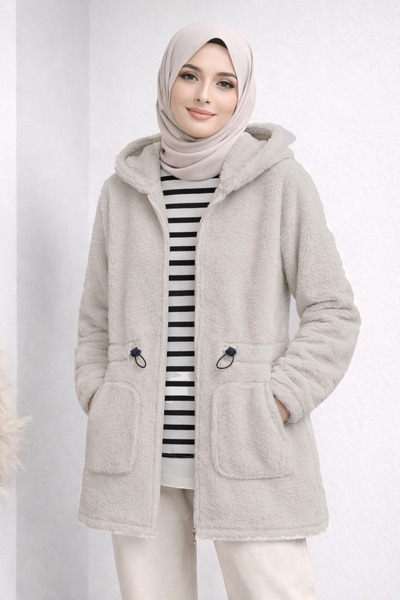 Kirazgym Plush Hooded Plush Cardigan with Elastic Waist and Zipper - Beige