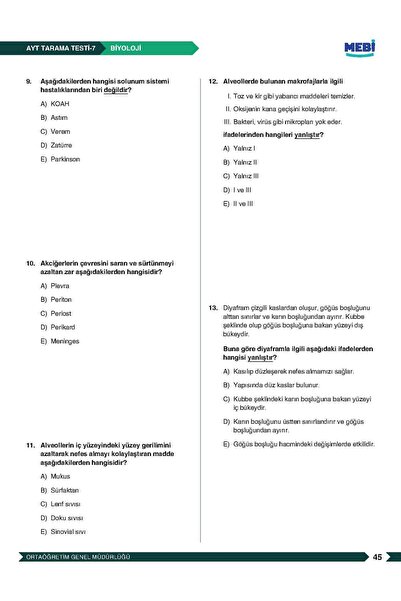 Yetsis Yayınları AYT Biyoloji Tarama Testleri