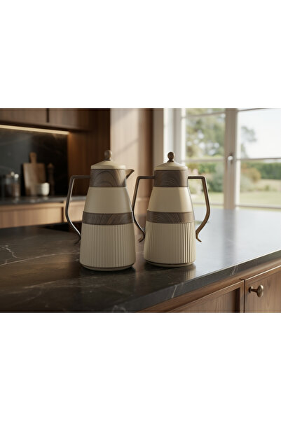 ZALA طقم ترمس مزدوج فاخر بلون بيج ونقشة خشبية، سعة 2 × 1 لتر - تصميم عصري، تر...