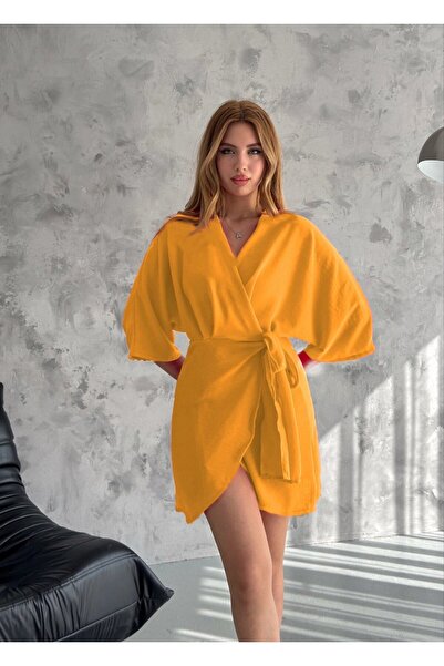 Yasmy Collection Kadın Oranj V Yaka Belden Bağlamalı İthal Keten Elbise HZL24...