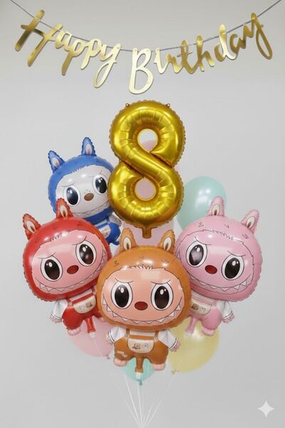 PARTİAVM بالون لابوبو على شكل دمية بعمر 8 سنوات، باللون الأزرق والوردي والأحم...