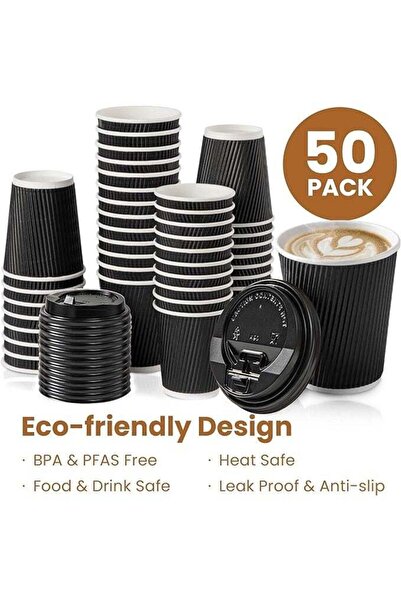Jagravo 50 Pack 12 oz Insulated Ripple Triple Wall Paper Coffee Cups with Bla...