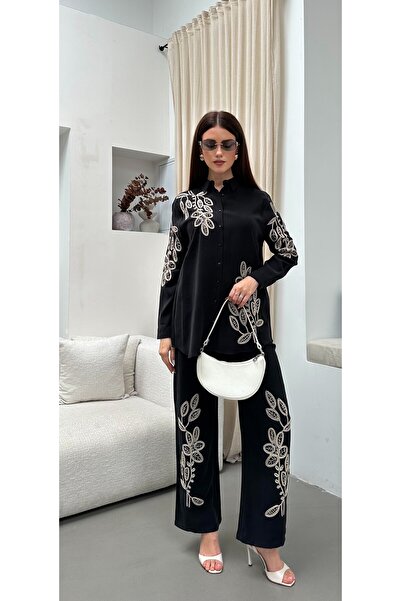 MİA NOURA Women's Shirt with Beaded Embroidery on the Front and Sleeves, Pant...