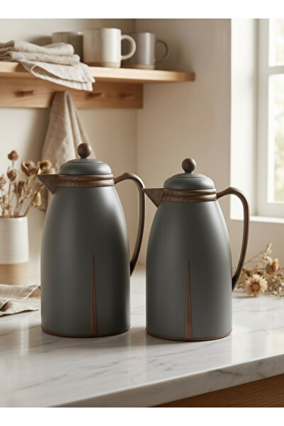 ZALA طقم ترمس مزدوج فاخر باللون الرمادي مع ملمس خشبي - يحافظ على المشروبات سا...