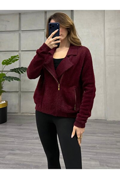 Coral Yandan Fermuarlı Peluş Hırka 7602 Bordo