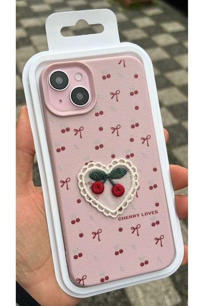 EDELFU iPhone 15 Plus and 14 Plus - Cherry Pink Lace Cover Red Bow Pattern Si...