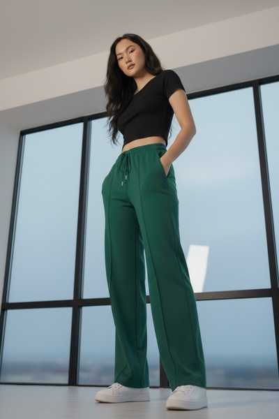 Green Hill Wide Leg piped Sweatpants with Front Seam Detail