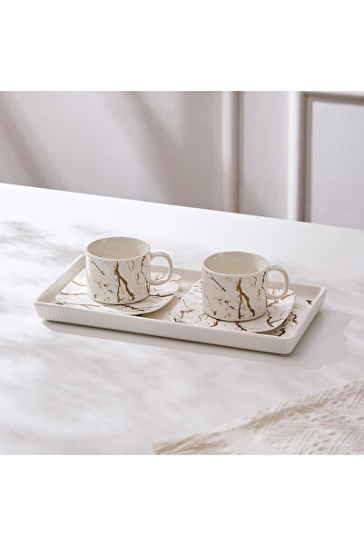 Malooki Set of 2 cups with 2 saucers and porcelain platter, 180 ml - Marble c...