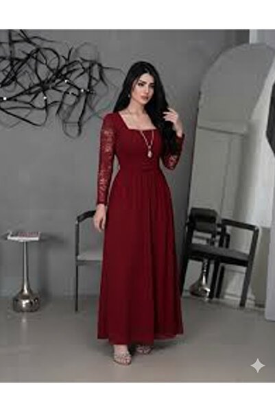 Azyaa Al-Amira فستان سهرة أحمر باربي كلاسيكي بأكمام دانتيل فرنسي