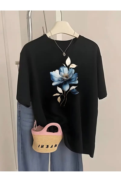 FUFLUNS Leaf Flower Printed Oversize Circular Neck T-Shirt