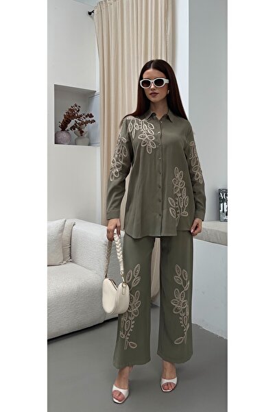 MİA NOURA Women's Shirt with Beaded Embroidery on the Front and Sleeves, Pant...