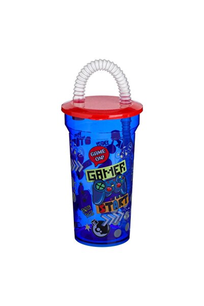 OEM Pahar din Plastic Albastru cu Pai & Model Gaming 400ml