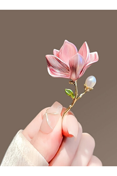 Josellini İnci Tomurcuk Detaylı Pembe Çiçek Figürlü Kadın Broşu Zarif Yaka İğ...