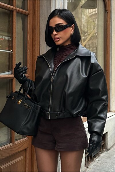 MEECY Women's New Season Soft Fur Detailed Belted Leather Jacket