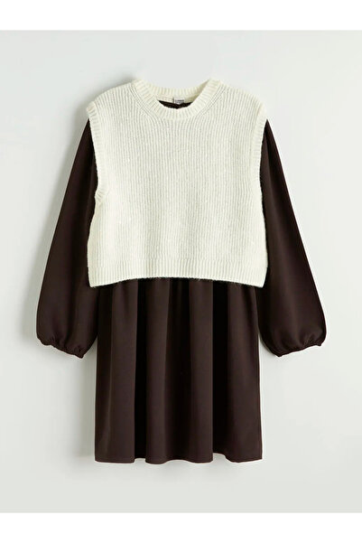 LC Waikiki LCW Παιδικό Φόρεμα και Πλεκτό Πουλόβερ για Κορίτσια σε Εκρού Χρώμα...