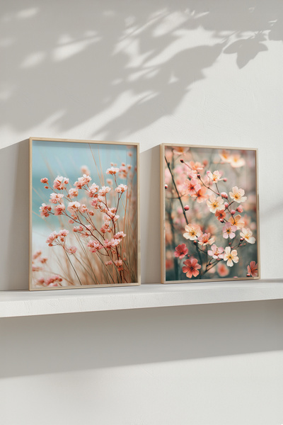 STARYUNA Set de pictură cu flori roz și ramuri de primăvară cu rame din lemn ...