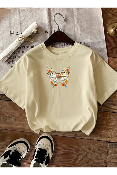 caddekombin Women's Diamond Butterfly Printed Round Neck Beige T-Shirt