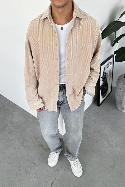 HAFKAGİYİM Bež Rebrasto Somot Opuštena košulja