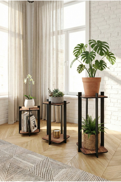 RAVILO 3'lü Kare Çiçeklik Saksılık Ceviz