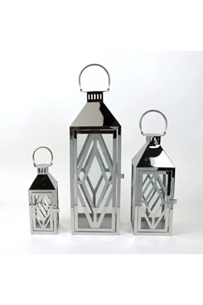 Generic Silver metal lantern set with clear glass - 3 sizes